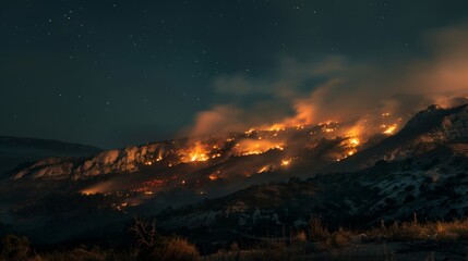 Nighttime wildfire in mountainous area with flames illuminating rugged terrain - dramatic and intense scene.