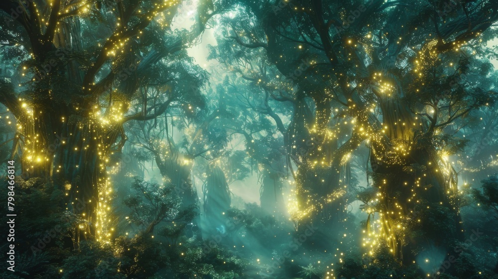 Poster a forest of glowing trees their leaves radiating a soft otherworldly light. within the trees are hid