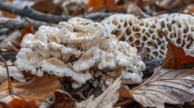 A macro shot of a of mushrooms growing on a bed of decaying leaves highlighting the gnarled and bumpy texture of the forest floor..