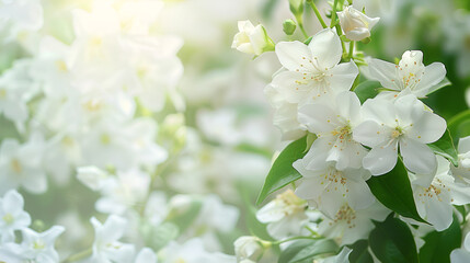 White Blossoming Jasmine Flower, Natures Elegance ,Blooming Beauty, Fresh Aroma on Isolated Green Leaf