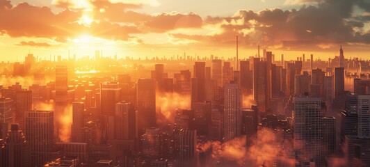 Aerial view of a big city with skyscrapers at sunset. Panorama of downtown. AI Generated 