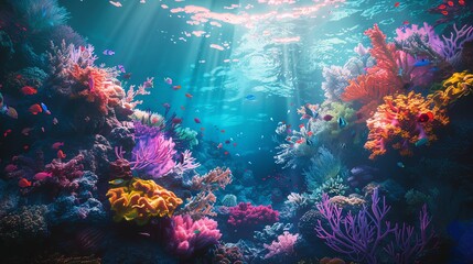 Discover the harmonious beauty of an otherworldly coral reef rendered in striking minimalist style Let the mesmerizing blend of vibrant hues and dynamic composition, captured from unique underwater pe