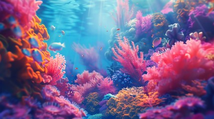 Fototapeta na wymiar Discover the harmonious beauty of an otherworldly coral reef rendered in striking minimalist style Let the mesmerizing blend of vibrant hues and dynamic composition, captured from unique underwater pe