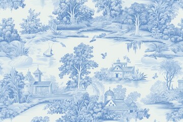 Blue toile wallpaper pattern drawing.