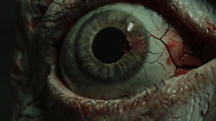 Explore the essence of fear through a minimalist, close-up depiction of a monstrous eye, utilizing unexpected camera angles for a spine-tingling impact Create a design that embodies horror through sub - obrazy, fototapety, plakaty