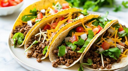 Delicious ground beef tacos filled with crisp romaine lettuce juicy diced tomatoes and gooey shredded cheddar cheese