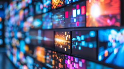 Fototapeta premium Interactive media wall composed of smart TVs with touch responsive content highlighting advancements in digital interaction