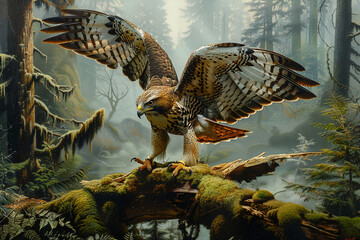 A highly detailed, realistic master oil painting of a red tailed hawk landing on a mossy log in a green misty forest