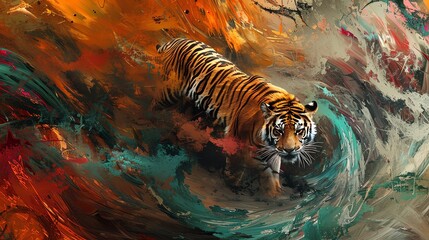 Infuse the raw energy of a prowling tiger merging with bold, digital brush strokes in a photorealistic landscape, utilizing aerial perspectives to create a captivating fusion of wildlife photography a