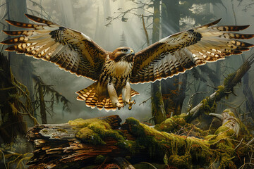 A highly detailed, realistic master oil painting of a red tailed hawk landing on a mossy log in a green misty forest