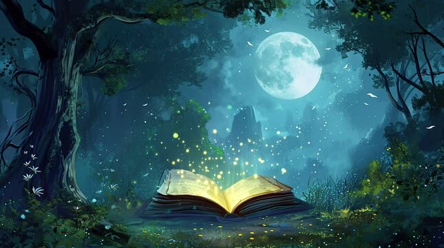 Spellbound Forest: A mysterious magic book rests upon a mossy stone in the heart of the enchanting forest, Seamless looping 4k time-lapse virtual video animation background. Generated AI