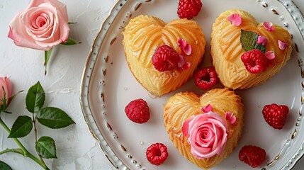 Heart shaped honey cakes adorned with fresh roses and raspberries are placed on a pristine white plate creating a delightful visual for occasions like Valentine s Day birthdays or Mother s 
