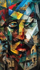 Incorporate cubist elements and Freudian symbolism into a cityscape seen through a distorted, birds eye lens, revealing hidden emotions within geometric chaos