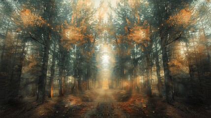 Fusion of Surrealism and Gestalt principles in a forest scene, shot from a slanted angle, challenging perceptions of reality and unity, evoking unsettling beauty