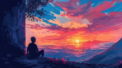 An illustration of someone pausing to watch a sunset, reflecting on the passage of time