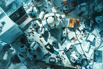 Fototapeta premium Illustrate a high-angle view of a futuristic office filled with quirky gadgets Incorporate comedy by showing a robot making a hilarious mistake Experiment with unexpected camera angles to highlight th