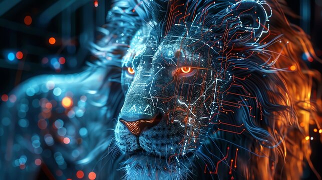 Compose a scene where a digital lion, blending wires and metal, roars fiercely at the lens, revealing intricate circuit patterns beneath its vivid, glowing eyes Depth of field emphasizing its cybernet