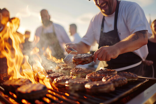 Grill master flipping burgers on a barbecue with fire