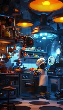 Design a scene set in a futuristic kitchen with outlandish cooking contraptions Add a touch of comedy by showing a chef struggling with a food replicator malfunctioning Play with unexpected camera ang