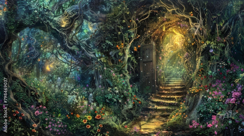 Poster a dense overgrown garden is filled with twisting vines and colorful flowers concealing a secret path