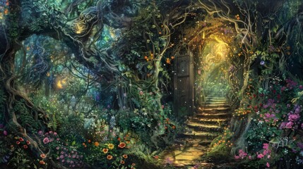 A dense overgrown garden is filled with twisting vines and colorful flowers concealing a secret pathway to the fey realm. The vines . .