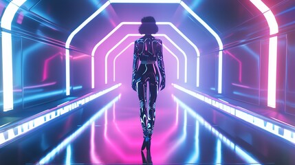 Capture futuristic scifi fashion with an aerial perspective, showcasing sleek metallic fabrics and neon accents reflecting on a chrome platform runway