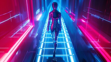 Capture futuristic scifi fashion with an aerial perspective, showcasing sleek metallic fabrics and neon accents reflecting on a chrome platform runway