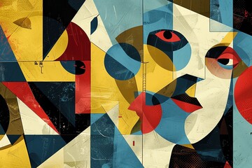 Illustrate historical events in a modern, abstract style using striking geometric shapes and patterns, incorporating unique, unexpected close-up angles for a fresh perspective