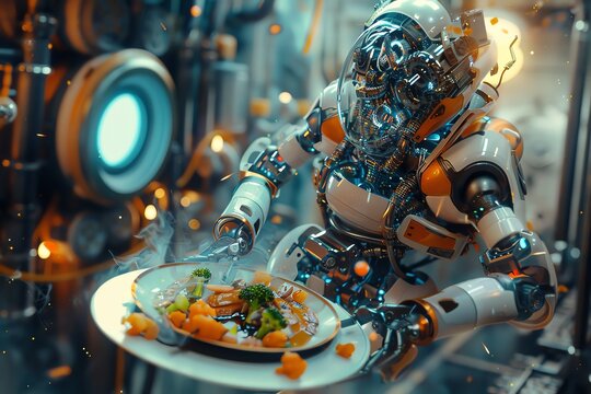 Capture the Robot Chef skillfully blending vibrant colors and textures into a visually stunning dish from a unique overhead angle Enhance the scene with a mix of digital techniques to convey the fusio