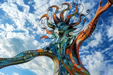 Craft a striking image featuring a towering, abstract sculpture reaching towards the sky, embodying wisdom and enlightenment, with intricate details and vibrant colors