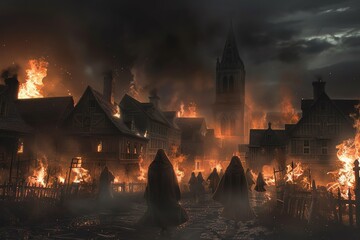 Craft a spine-chilling, wide-angle scene of the Salem Witch Trials, depicting spectral figures looming ominously over the town square engulfed in flames Utilize a mix of dark, realistic tones to heigh