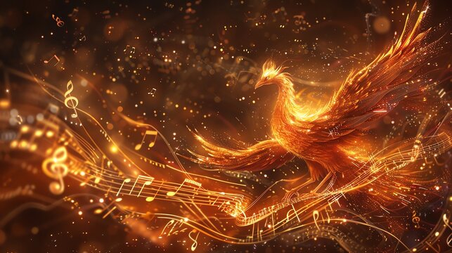Bring to life a majestic phoenix rising from fiery musical notes, its movements fluid and dynamic, with intricate feather patterns that shimmer like molten gold, embodying the fiery passion and timele