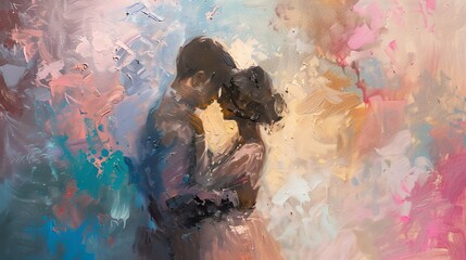 Craft an oil painting of a passionate embrace, inspired by the Impressionist movement, showcasing delicate brushstrokes and dreamy colors that evoke a sense of fleeting romance