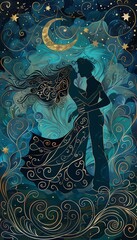 Fototapeta premium Produce a digital artwork of a couple dancing under a starlit sky, influenced by the Art Nouveau style, incorporating intricate floral patterns and graceful lines to convey a mesmerizing atmosphere of