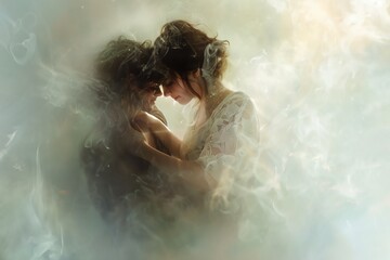 Capture a tender embrace at eye-level, inspired by the romanticism art movement with soft, ethereal brushstrokes reminiscent of watercolors on a misty day