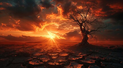 Cracked Earth Landscape with Dead Tree Under Blazing Sun - Powerful Image of Nature's Harsh Beauty