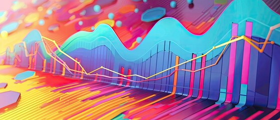 A 3D rendering of a colorful and abstract landscape with a grid of glowing lines and shapes.