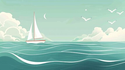 Sailboat cruising on tranquil seas with seagulls and a serene sky