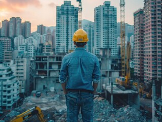 A man is at a demolition site, looking at tall buildings