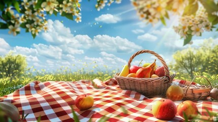 A serene picnic scene with a basket of fresh apples on a sunny day