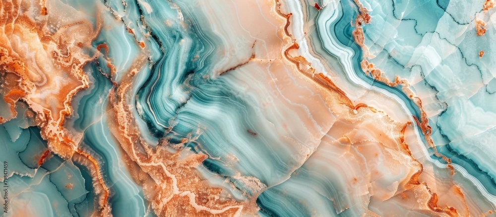 Poster detailed view of a single marble showcasing intricate blue and orange patterns on its surface