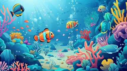 Fototapeta na wymiar A vibrant underwater scene with colorful fish and coral reefs