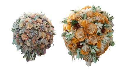 Two bouquets of sola wood flowers in dusty blue and mustard yellow with greenery and cream accents.