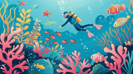 Fototapeta premium Diver exploring a vibrant underwater world with colorful fish and corals