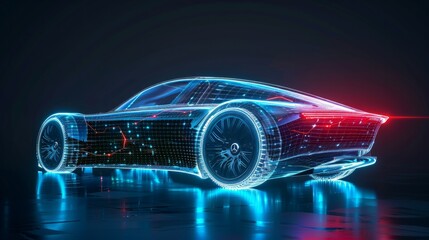futuristic electric car with a holographic wireframe digital technology, Electric Vehicle hyper realistic 