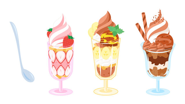 パフェ3種類とパフェスプーン。フラットなベクターイラストセット。
Three types of parfait and parfait spoons. Flat vector illustration set.