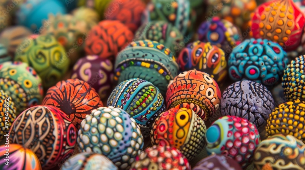 Poster a series of handcrafted beads made from a combination of colorful threads and ceramic pieces showcas