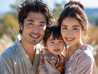 Fototapeta premium A happy family of three, outdoor travel group photo