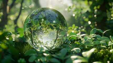 Glass globe encircled by verdant forest flora, symbolizing nature, environment, sustainability, ESG, and climate change awareness, generative ai hyper realistic 