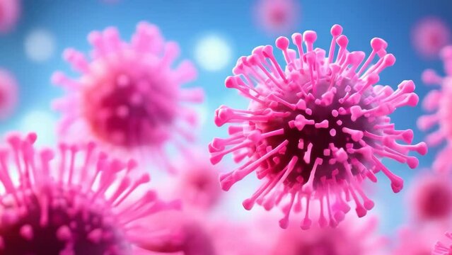 Vivid 3D render of pink virus particles against a blue backdrop, symbolizing concepts of health, immunology, and scientific research
